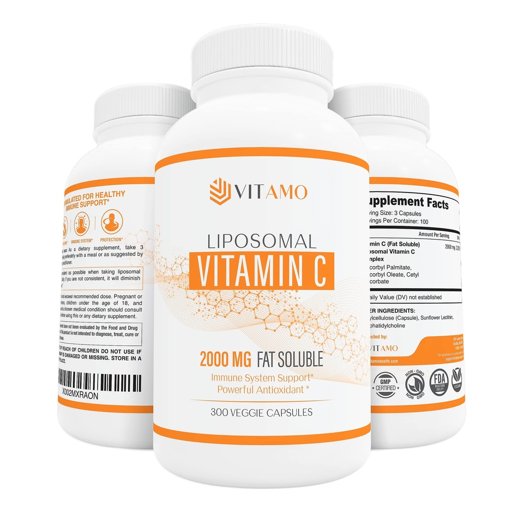 Vitamine liposomale C 2000mg. Système de livraison supérieur.300 Capsules Immune Support et collagène Booster.