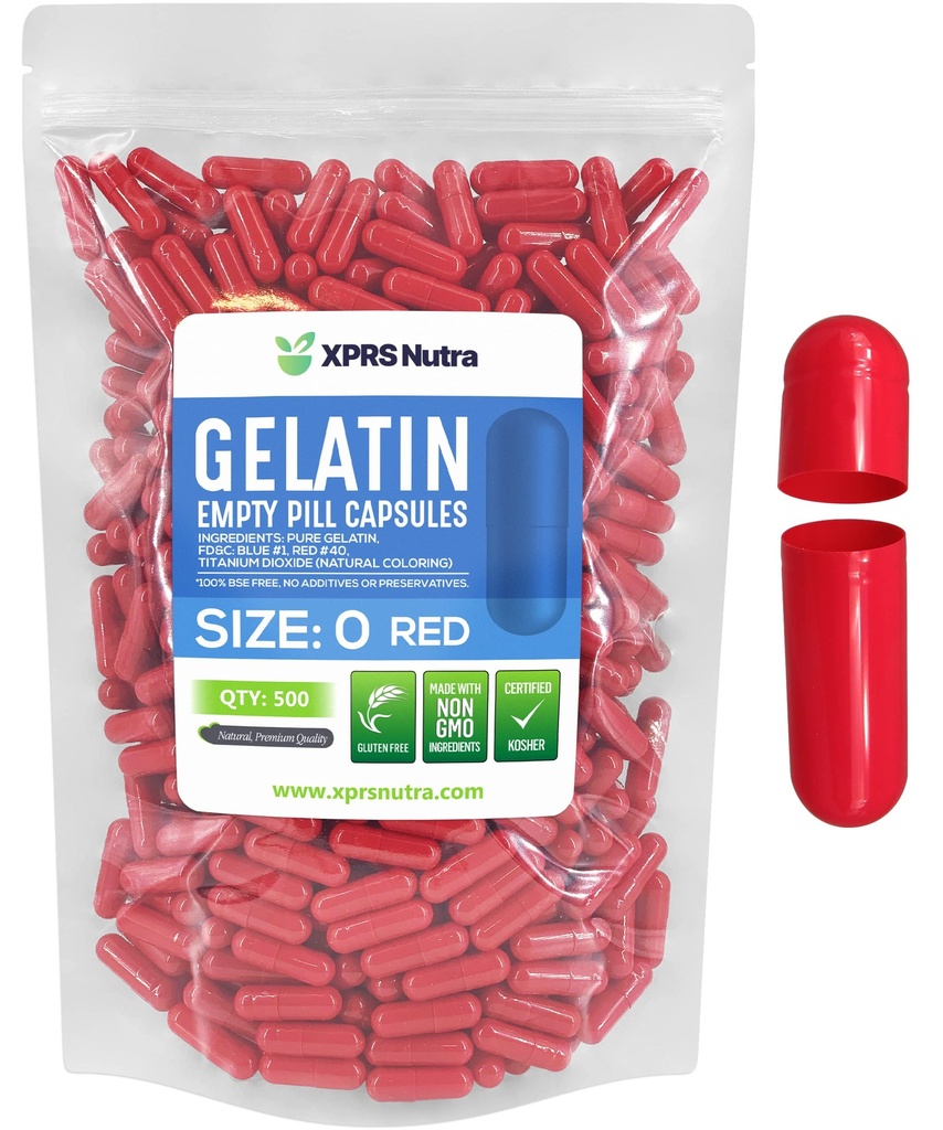 XPRS Nutra Size 0 Empty Capsules - 500 Count Empty Gelatin Capsules - Pills DIY Capsule Filling - Pure Bovine Fillable Pill Gel Caps for Do-It-Yourself Supplements (Red)