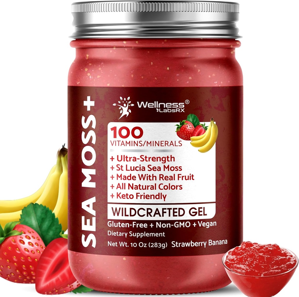 Irish Sea Moss Gel Raw - Wildcrafted Superfood Seamoss Gel - Fragola Banana Flavor, Vitamina e Mineral-Rich da Pristine Caribbean Waters, Immune e Digestive Health Support - 10 oz.