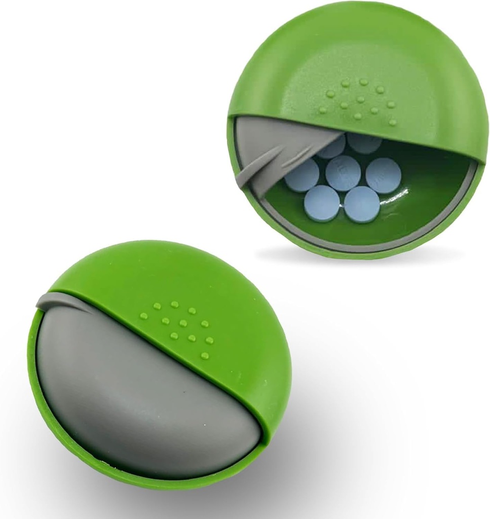 Organisateur de pilules de voyage rondes - Portable petite boîte à pilules pour la purée - Compact, souple-proof récipient de médecine pour pilules, vitamines, huile de poisson, suppléments - sans BPA, conception durable, vert 2,75" pouce