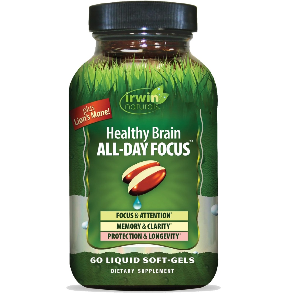 Irwin Naturals Healthy Brain All-Day Focus - 60 Liquid Soft-Gels - Erhöht Psychische Leistung & fördert langfristige Gehirngesundheit - 30 Portionen