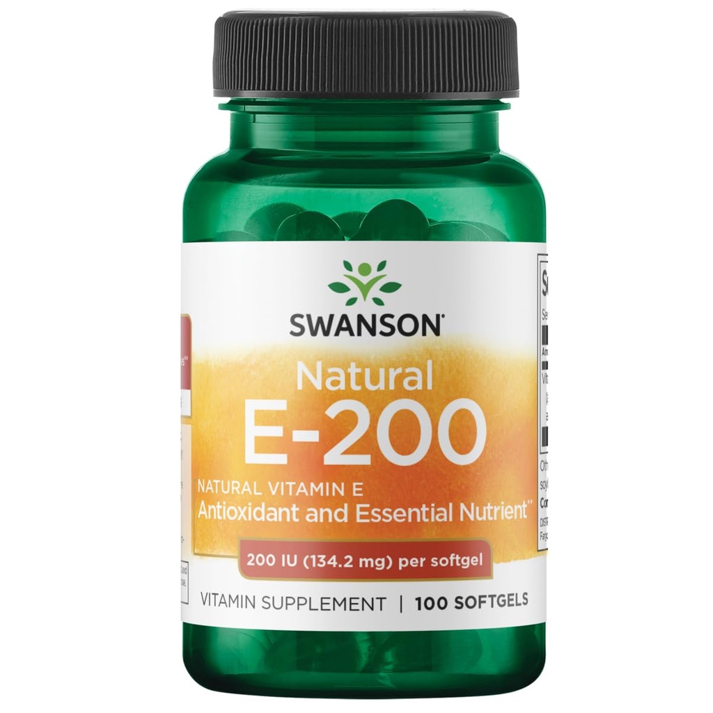 Swanson Natural Vitamin E - Natürliche Ergänzung zur Unterstützung von Herz-Gesundheit & Gewebe-Schutz - essentielle Nährstoffe Förderung Gesamt Gesundheit & Wellness - (100 Softgels, 200IU Jeder)