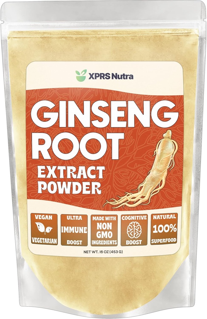 XPRS Nutra Ginseng Root Extract Powder - Ginseng Powder Supports Cognitive Function, Physical Performance, and Immune System - Vegan Friendly Panax Ginseng in Powder Form (16 Ounce)