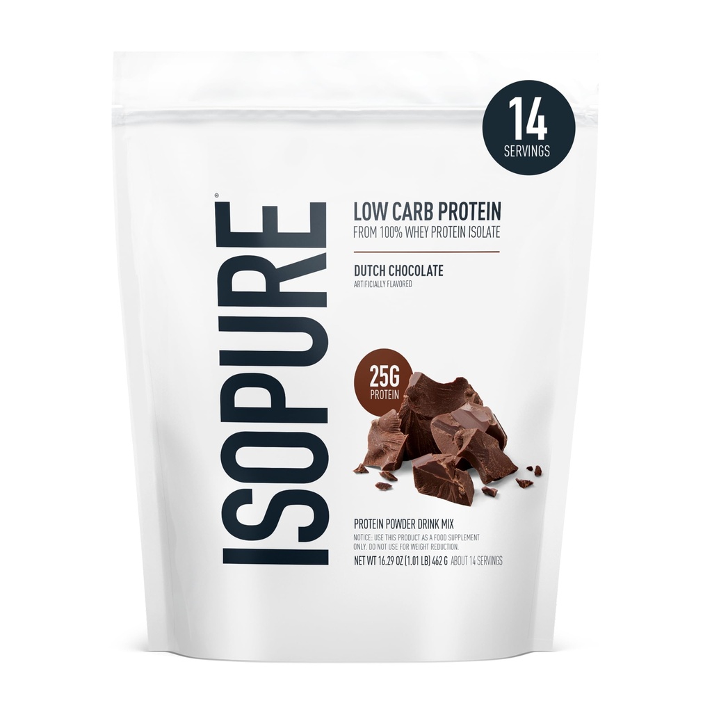 Isopure Low Carb 100% Pure Whey Isolate Protein Powder, Sans lactose, Sans gluten, avec des vitamines, Chocolat hollandais, 25g Protéines par portion, 1 Lb, 14 portions (Packaging May Vary)