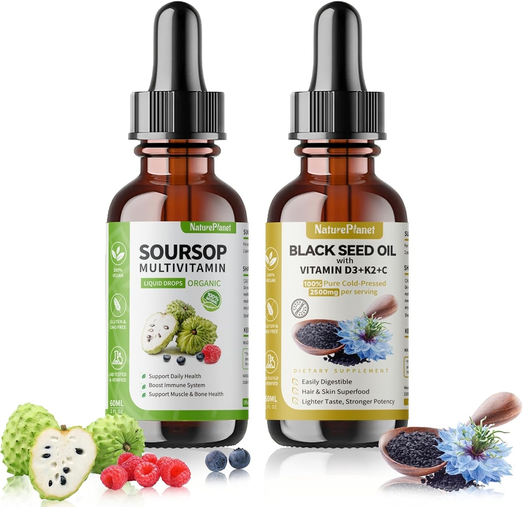 NaturePlanet Bitters de sourcils biologiques et gouttes d'huile de graines noires avec des vitamines D3, K2, B6, C.