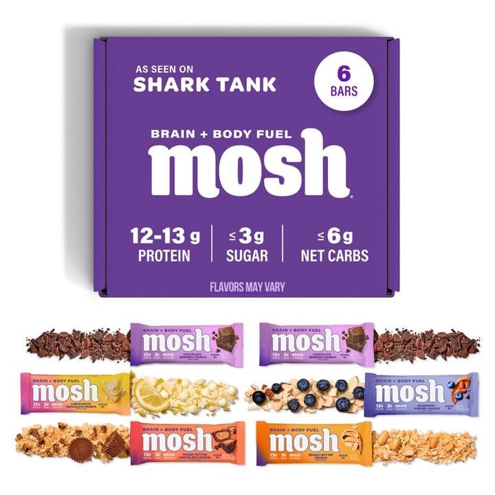 Lot de variétés MOSH Barres de protéines kéto, fibre élevée, faible teneur en glucides, sans gluten, haute teneur en protéines, snack en bonne santé du cerveau avec Ashwagandha, cri de lion, 6 comte
