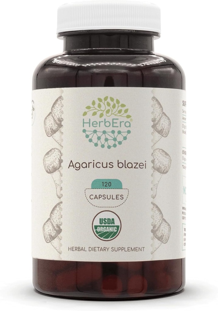 HerbEra Agaricus Blazei USDA Organic 120 Kapseln | Natürliche Kräuterergänzung | Certified Organic Vegetarian Capsules and Organic Agaricus Blazei (Agaricus blazei murill) Getrocknete Pilze (120 Kapseln)