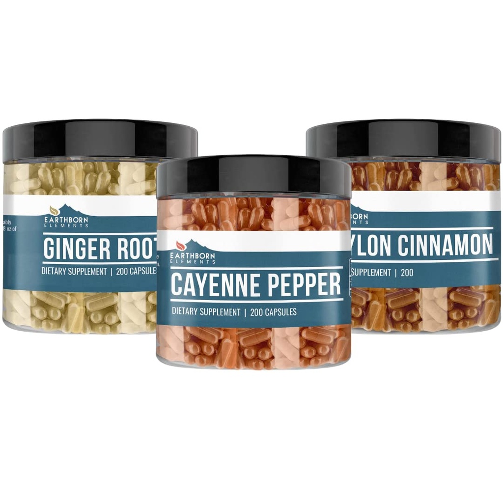 Erdnährende Elemente Cayenne Pepper, Ceylon Cinnamon & Ginger Root Bundle (200 Kapseln Jeder), Rein & Unverdünnt, Keine Zusatzstoffe