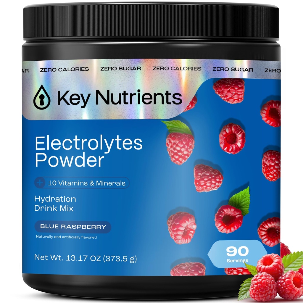 NUTRIENTS CLÉS Électrolytes Multivitamine Poudre Pas de sucre - Poudre d'électrolyte de framboise bleue douce - Supplément Endurance et énergie - Poudre d'hydratation - Pas de calories - 90 portions - Fabriqué aux États-Unis