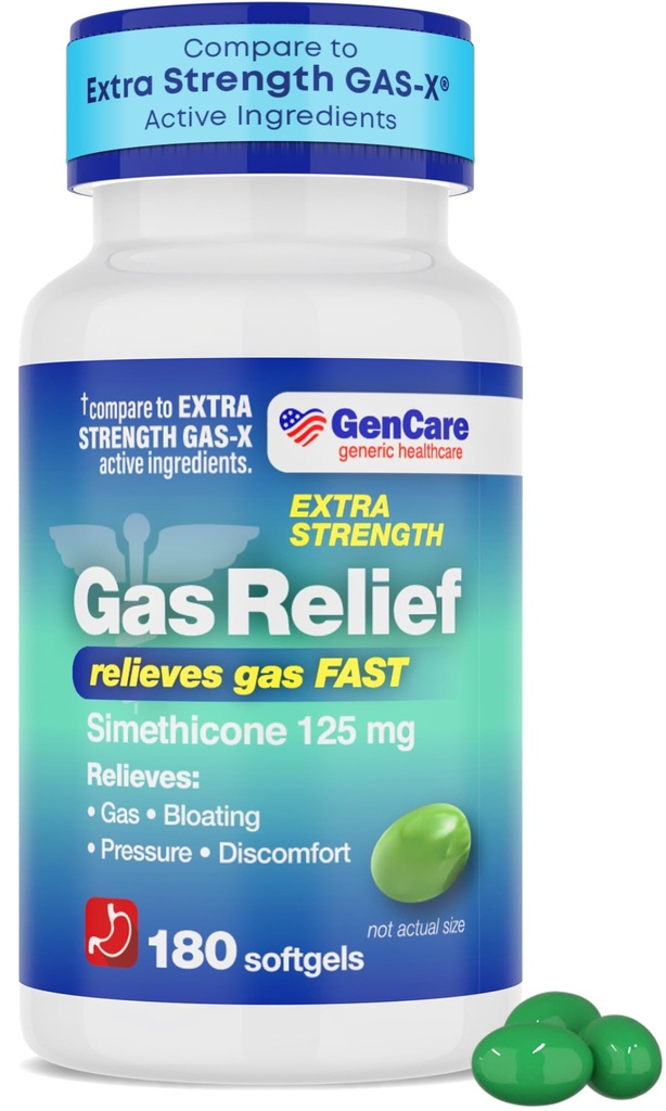 GenCare -Extra Strength Gas Relief Simethicone 125mg (180 Softgels) Massima resistenza Anti Gas Pillole per Bloating Relief, Pressione & Discomfort - Confronta con Generic Extra Strength Gas X