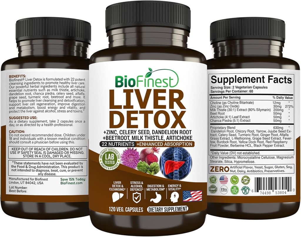 Supplément de désintoxication du foie biofinest - 22 nutriments Thistle de lait Artichaut Céleri Semence Chanca Piedra Racine de betterave Dandélion Gingembre curcuma - Alcool purifier l'énergie Digestion Métabolisme (120 capsules de Veg.)