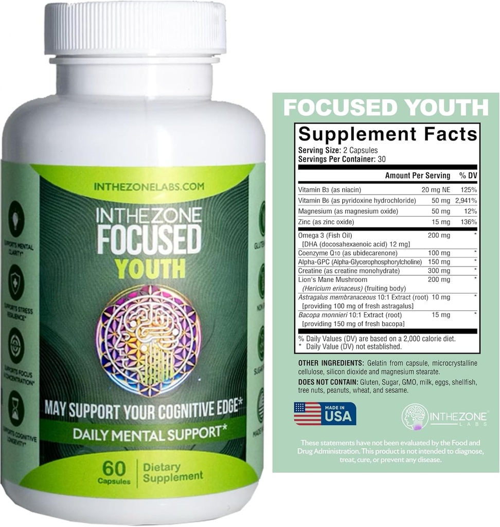 InTheZone Focused Youth - Premium Bioceutical, Nutraceutical, & Nootropic Formel für kognitive Entwicklung, Fokus, Gedächtnis und psychische Klarheit Unterstützung für Jugendliche - 60 Kapseln