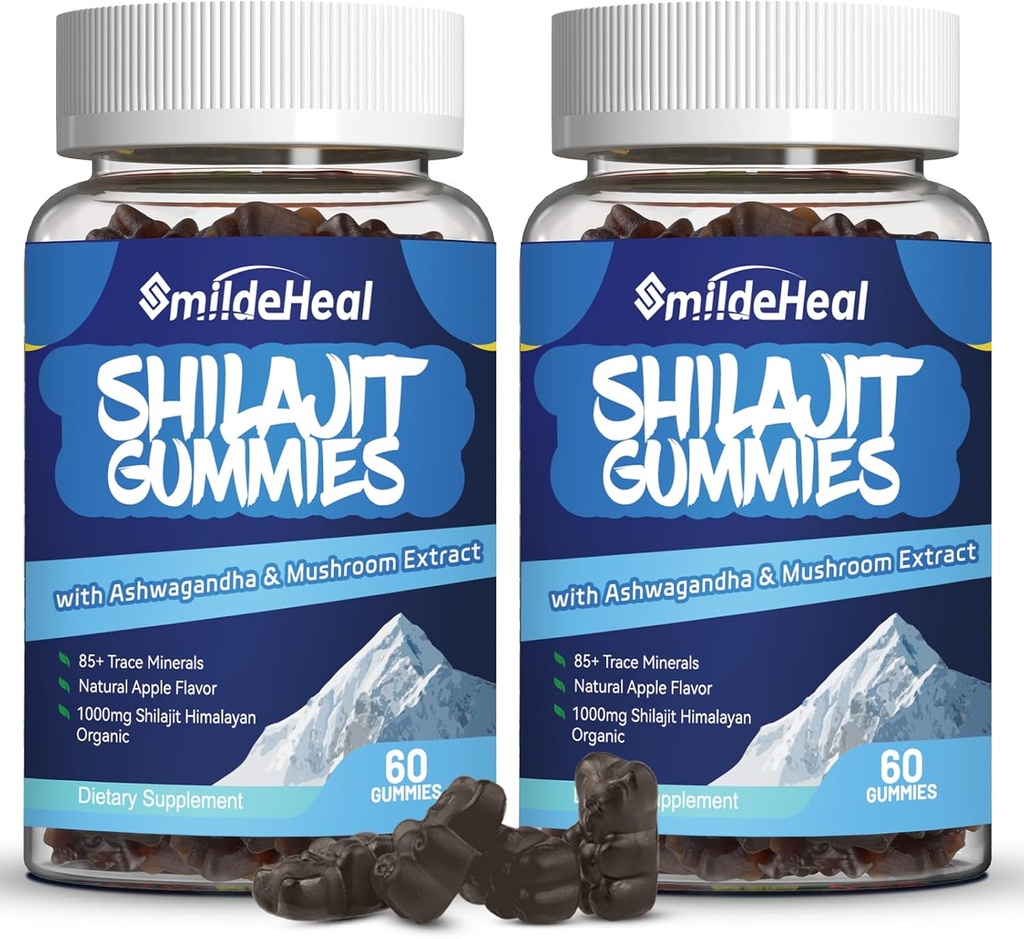 Shilajit Gummies 1000 MG, Organic Shilajit Supplement, 85+ Trace Minerals, mit Ashwagandha, Pilz - Energie, Gehirn, Immunität Unterstützung, für Männer & Frauen - 120 Zähler