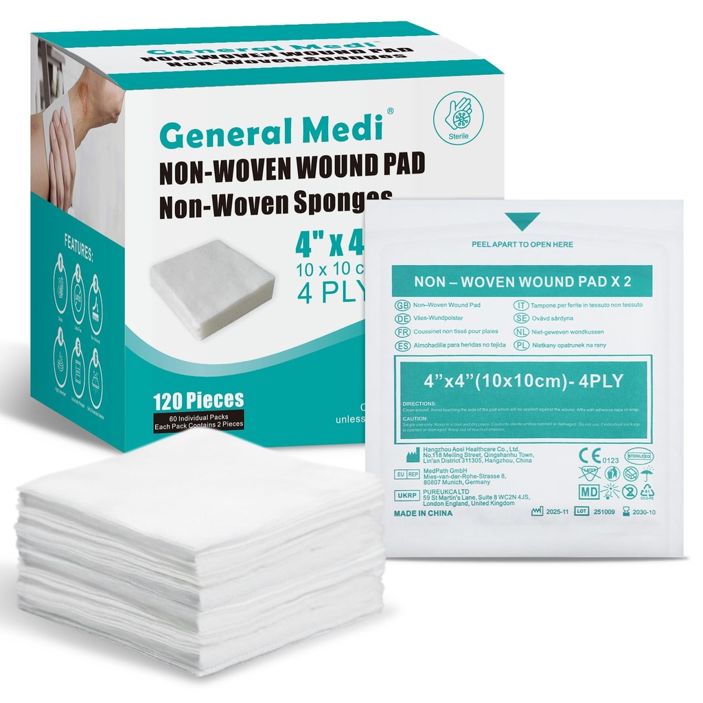 Generale Medi Sterile Gauze Sponges, 4" x 4" Cuscinetti Non-Woven - Cuscinetti Spugna Altamente Absorbenti Avvolti Personalmente per Cuscini Minori Cuscinetti, Taglie & Burns Wound Care (60 Pacchetti, 120 Pezzi Totale)