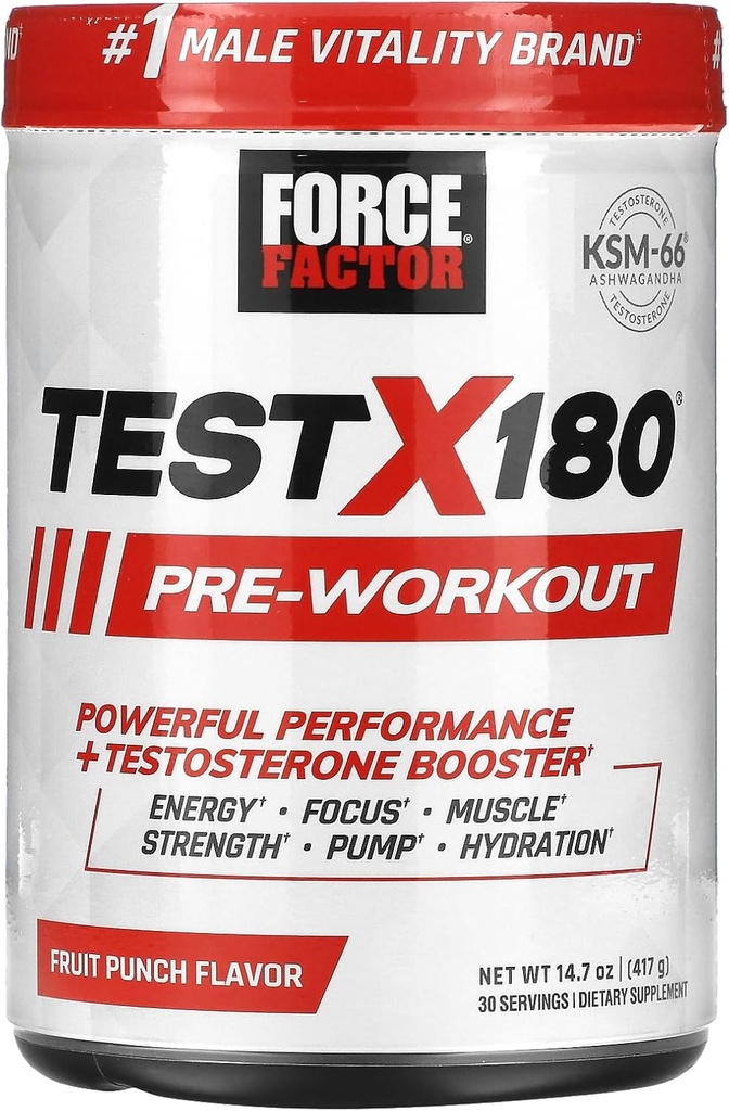FORCE FACTOR Test X180 Pre-Workout Powder & Energy Supplement, Boost Focus & Endurance, Build Muskel & Stärke, Nitric Oxid Supplement mit Ashwagandaha & L-Citrulline, Obst-Punch, 30 Servierungen