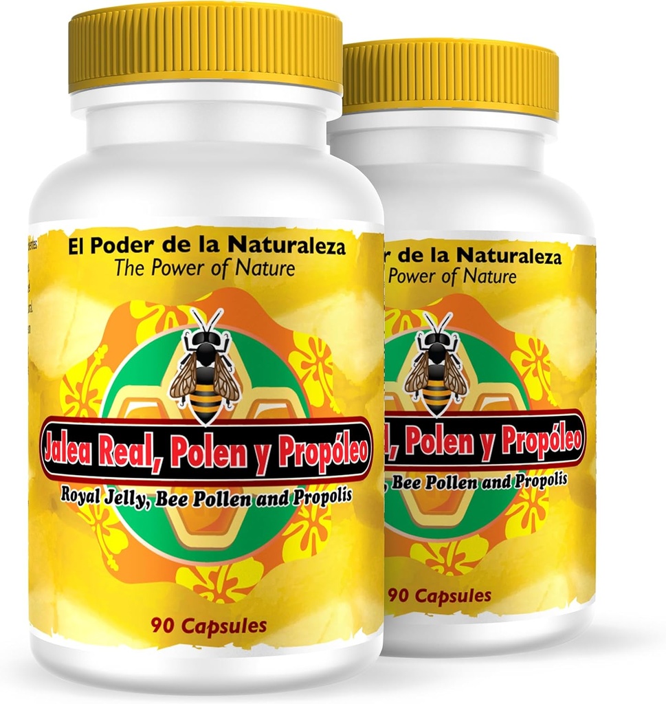 Nutrisalud Produkte Jalea Real, Polen y Propoleo en UNA sola capsula. Maxima Potencia. Tonico rejuvenecedor, energia Natural, .Set de 2 frascos con 90 caps. c/u.