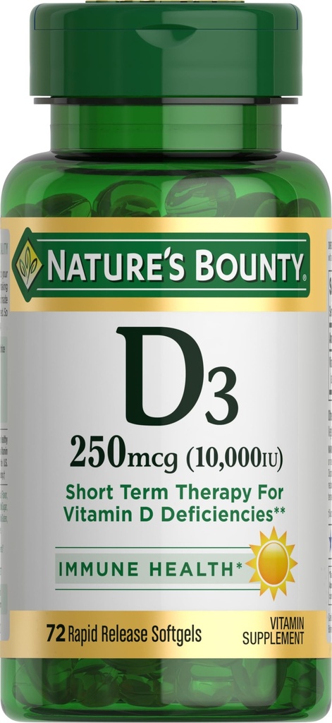 Nature's Bounty Vitamin D für Immununterstützung und fördert gesunde Knochen, 10000IU, Softgels, Multi-Color, 10.000 IU, 72 Count (Pack von 1)