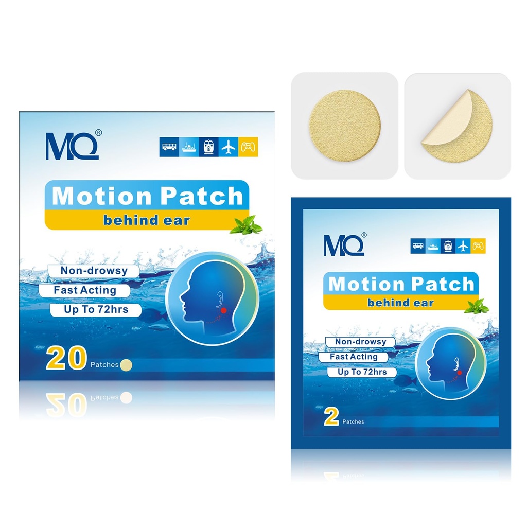 MQ 20ct Motion Sickness Patches, Colore della luce, Patch di Malattia del mare Non Drowsy & Impermeabile, Crociera di viaggio Essentials, Azione rapida & Long Lasting 72H