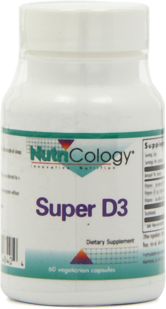 Nutricologie Super D3 Dietary Supplement - Bone & Immune Support, Cholecalciferol avec C & E, Capsules végétariennes, Sans gluten - 60 Compte