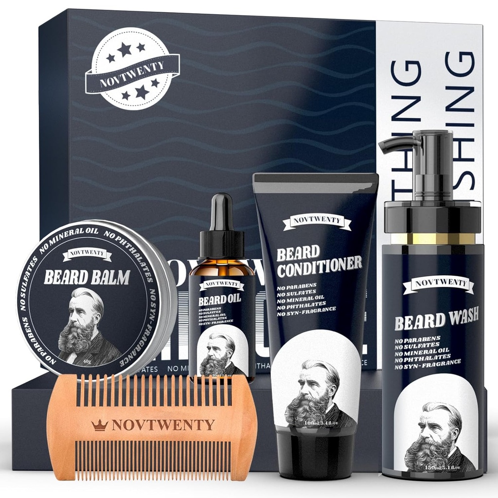 Bart Growth Kit - Mobiuty Men's Beard Care Kit mit natürlichen Inhaltsstoffen, Enthält Bart Wash, Bartöl, Bart Conditioner, Bart Balm und Bart Comb, Geschenkset für Freund Husband Väter