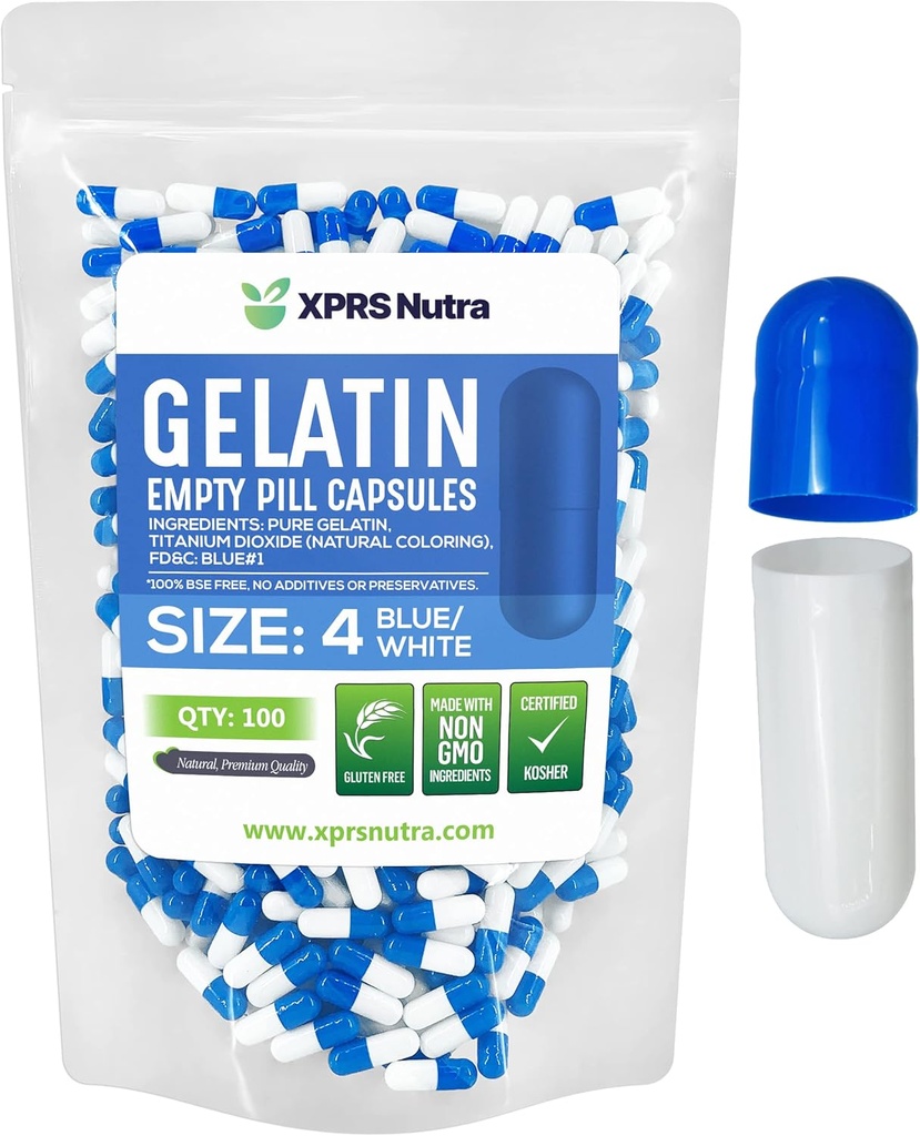 XPRS Nutra Größe 4 Leere Kapseln - 100 Count Small Empty Gelatin Kapseln - Pillen DIY Kapsel Füllung - Fillable Pure Bovine Pill Gel Kapseln für Do-It-Yourself Ergänzungen (blau/weiß)