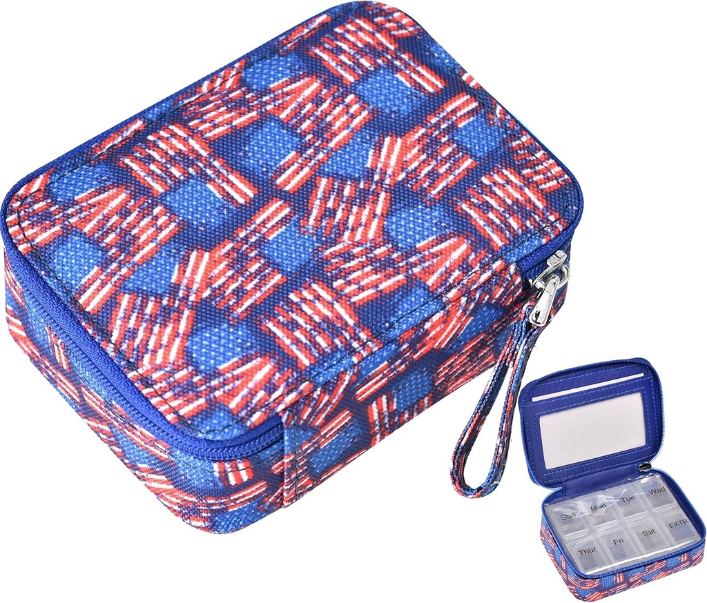 Pill Organizer Case Case Medicine Box 7 Day Vitamine Compact Dispenser in Zipper Pouch Bag (US Flag)