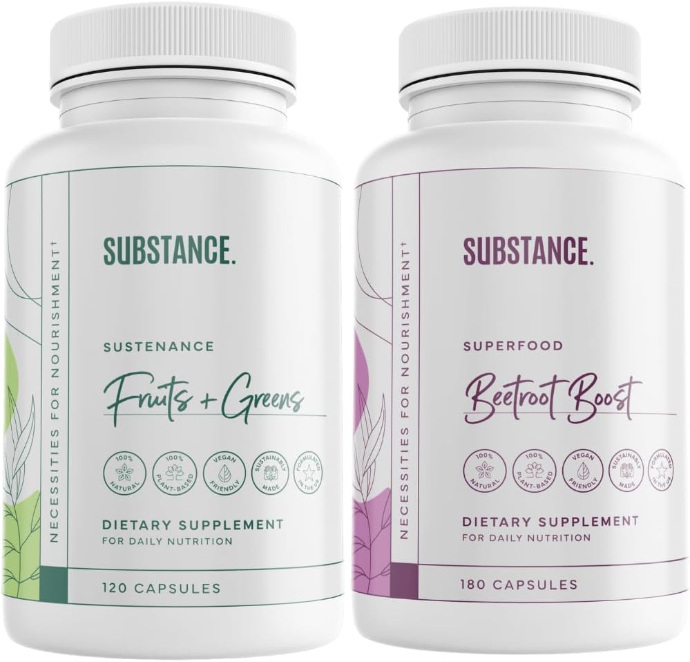 SUBSTANCE. Bundle: Sustainance de la nature Fruits et légumes quotidiens (120 Capsules) + Boost de betterave (180 Capsules) - Boost de l'énergie naturelle et bien-être global - É.-U. Fabriqué, Vegan-Amis