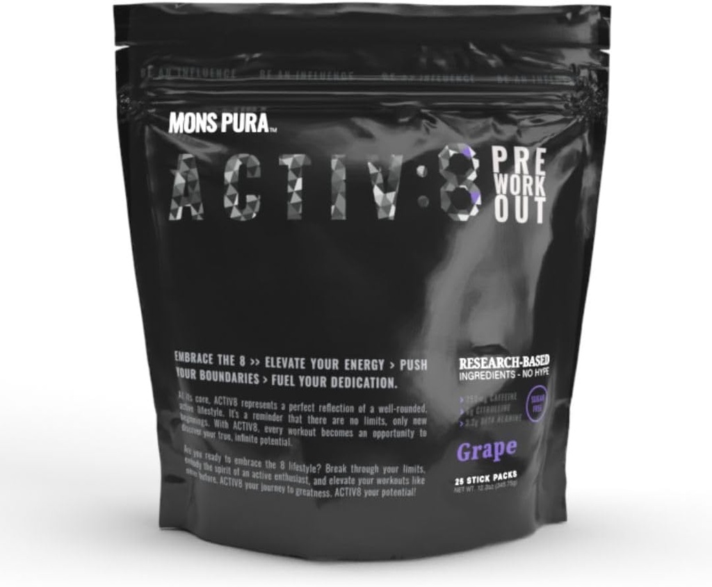 Activ8 Grape Pre-Workout 25 Power-Packed Servings 250mg Caffeine