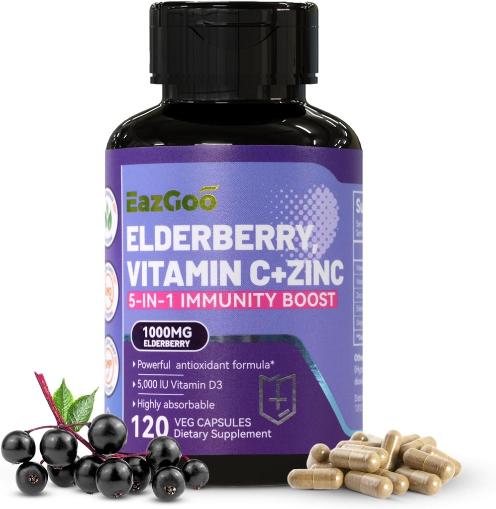 Sambucus Elderberry with Zinc & Vitamin C - 5 in 1 Immune Support Supplement, Non-GMO, 120 Vegetarian Capsules, 2 Months Supply