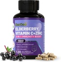 Sambucus Elderberry avec Zinc et vitamine C - Supplément de soutien immunitaire 5 en 1, non-OGM, 120 capsules végétariennes, 2 mois d'approvisionnement