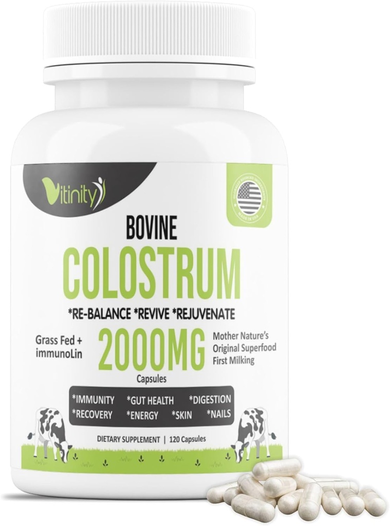 VITINITY Grass Fed Bovine Colostrum Kapseln für Menschen - Natürliche IgG Colostrum Ergänzung für Gut Gesundheit, Immununterstützung, Muskel Erholung & Wellness | Pure Colostrum Superfood, Unflavored (120 Count)