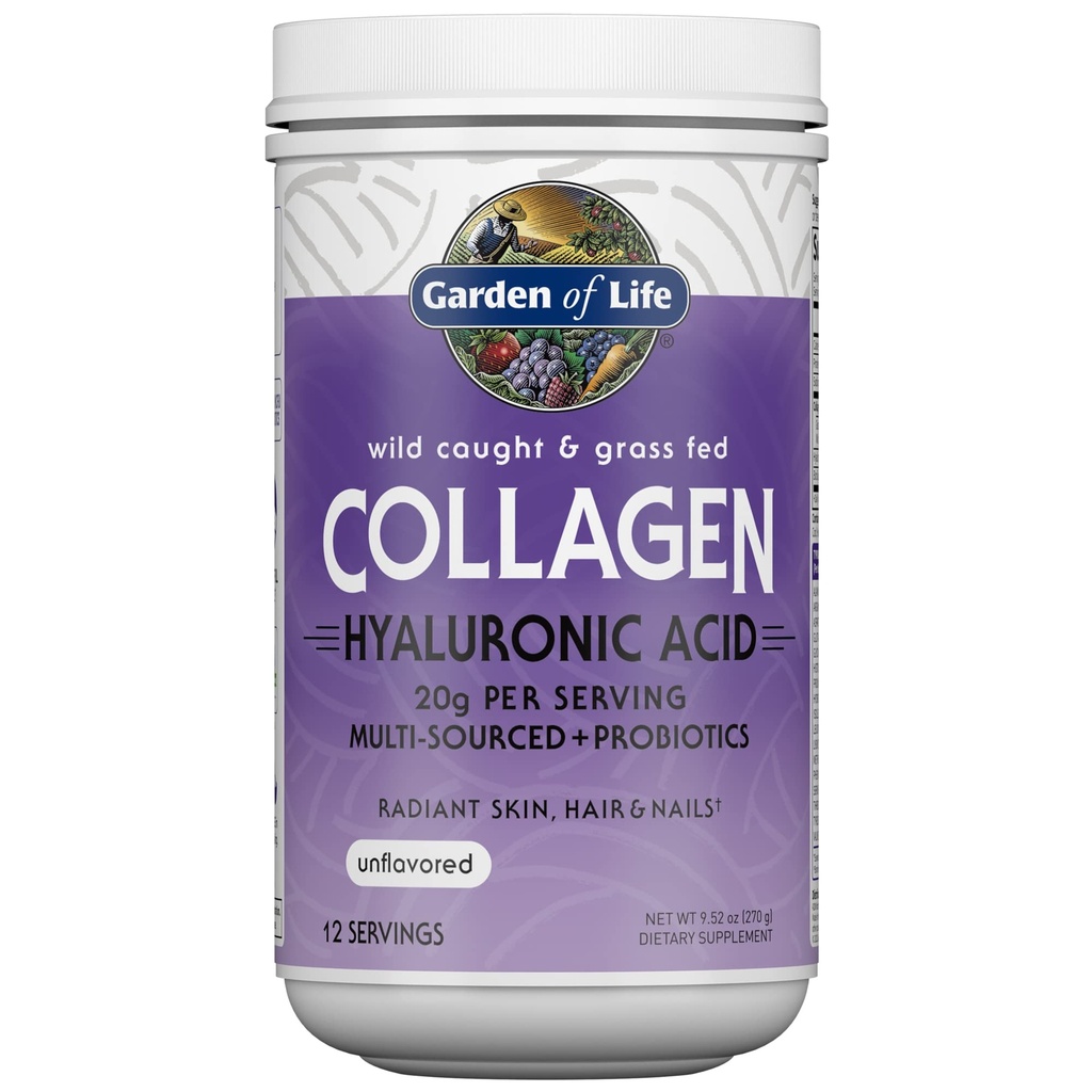 Garten des Lebens Marine & Grass-Fed Collagen Peptides Powder Supplement (Typ I, III) mit Probiotika, BCAAs & Hyaluronsäure für strahlendes Haar, Haut und Nägel – entflammt, 20g pro Servierung, 12 Servierungen