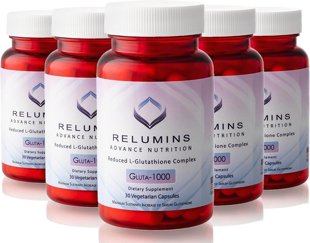 Relumins Advance Nutrition Gluta 1000 - L-glutathion réduit, acide lipoïque alpha et HIPS rose, antioxydant pour la peau et le bien-être général, fabriqués aux États-Unis - 30 capsules x 5 bouteilles (approvisionnement de 75 jours)