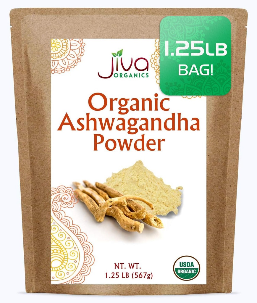Jiva Organics Poudre de racine Ashwagandha 1,25 livre (20 oz) - Sans gluten, ginseng indien, cru, pur, non OGM, poudre ayurvédique testée