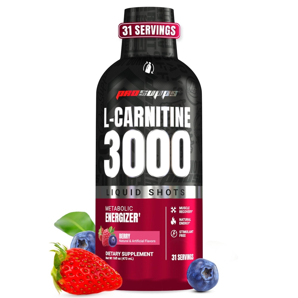 ProSupps L-Carnitine Liquid 3000, Tirs liquides sans stimulants pour les hommes et les femmes - boisson d'entraînement propre pour l'énergie, la performance et la récupération musculaire - Pas de sucre, pas de glucides - 31 portions, Berry