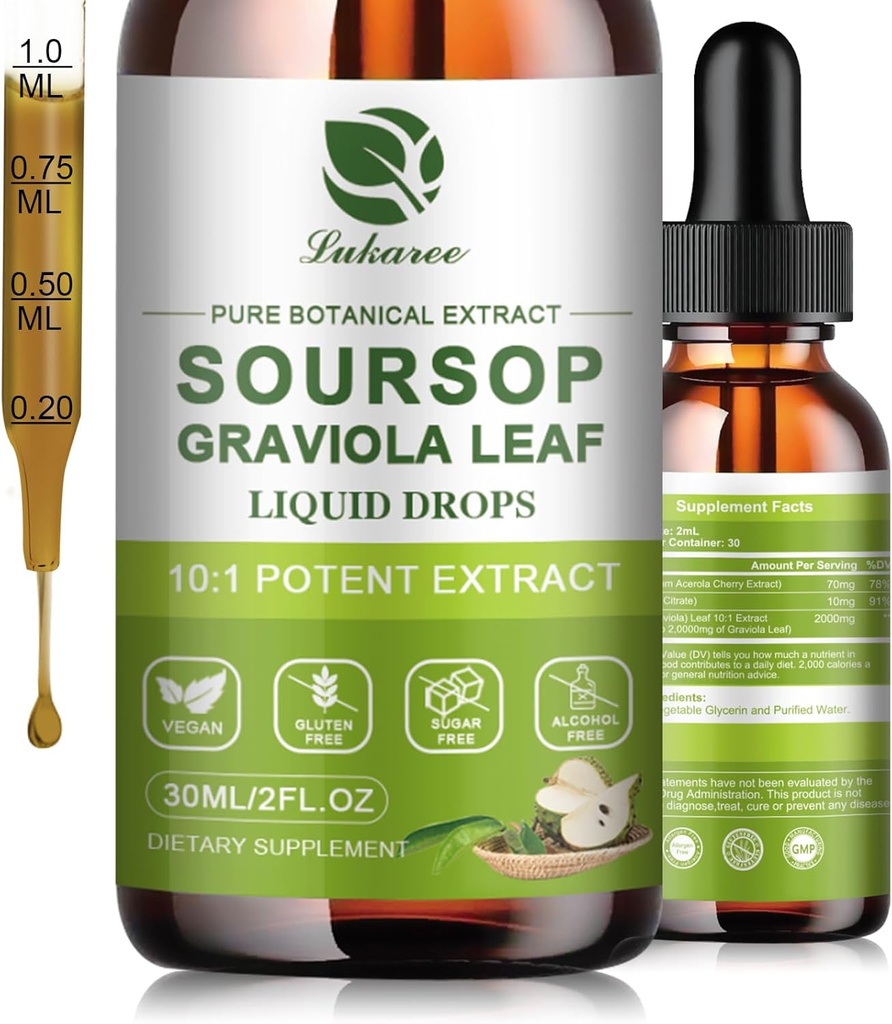 Natura Soursop Bitters Liquido, 15 giorni di alimentazione Graviola olio per il supporto cellulare & rigenerazione, antiossidante, Boost immunitario, digestivo, senza zucchero, senza glutine, Sour SOP Multivitamin Drops 1 FL OZ