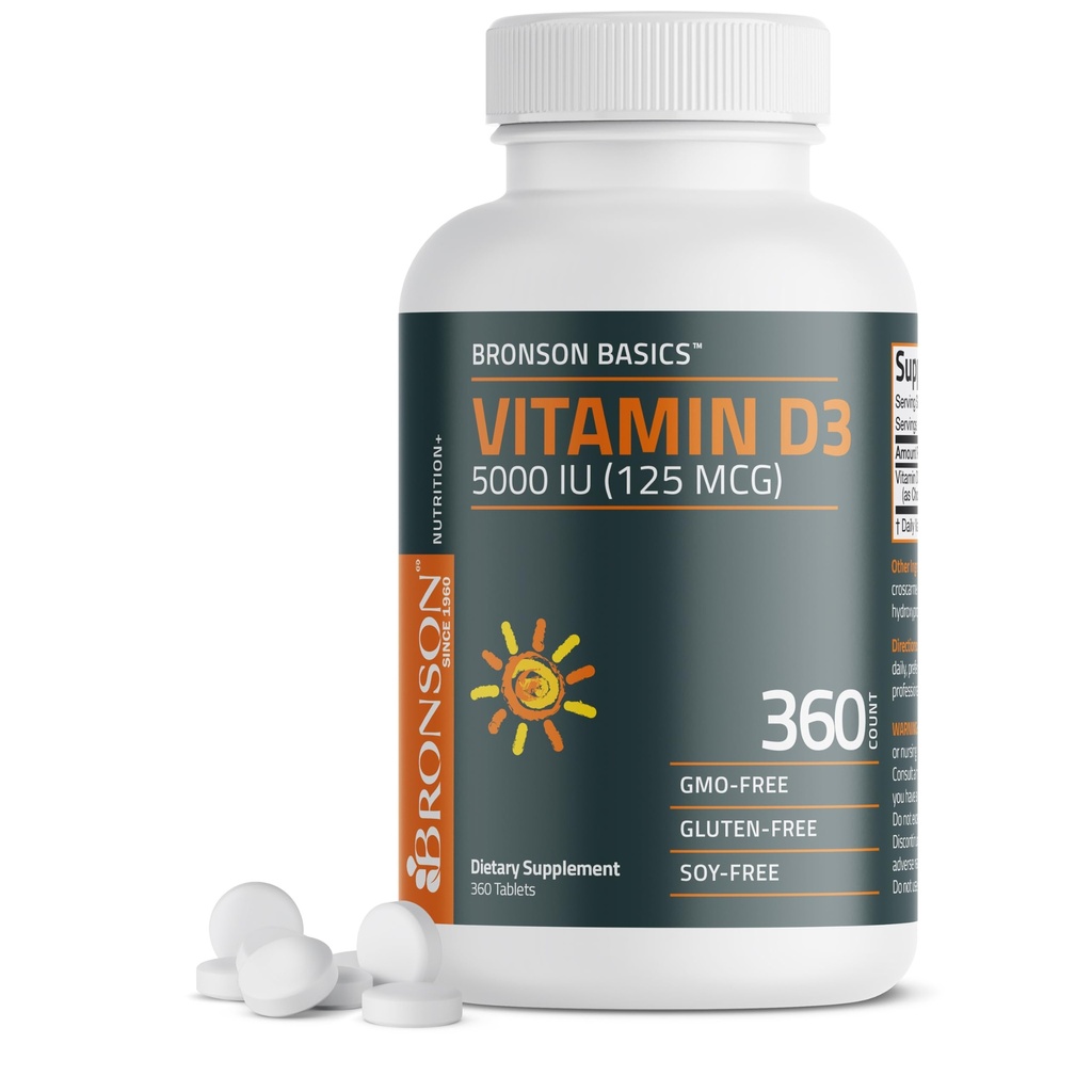 Bronson Vitamin D3 5000iu (125mcg) 1 Jahr Versorgung für gesunde Muskelfunktion und Immununterstützung, Non-GMO, 360 Tabletten