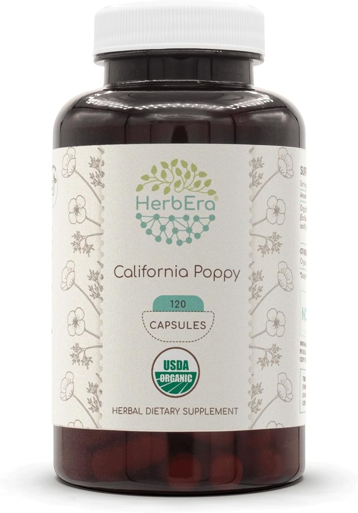HerbEra California Poppy USDA Organic 120 Capsule | Certificati Organici Per vegetariani e Organic California Poppy (Eschscholzia Californica) A base di erbe e fiore (120 capsule)
