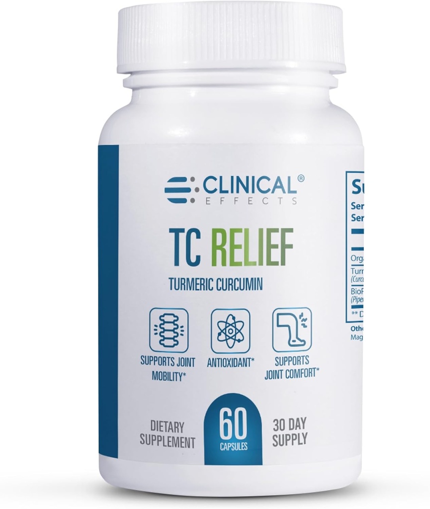 Effetti clinici TC Relief - Curcumina Turmerica con Bioperine Black Pepper - Integratore Congiunto per Comfort e Mobilità - 60 Capsule