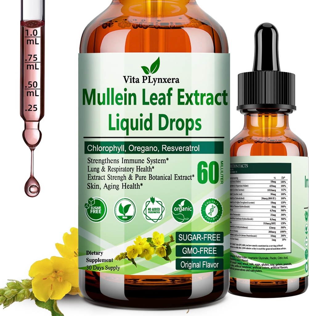 Gocce di Mullein per polmoni, Estratto di foglie di Mullein Organico per Detox polmonare w. Chlorophyll Elderberry Oregano olio Resveratrolo Mullein Tincture Alcohol Free, Original Flavor, 2 f Fl/Oz