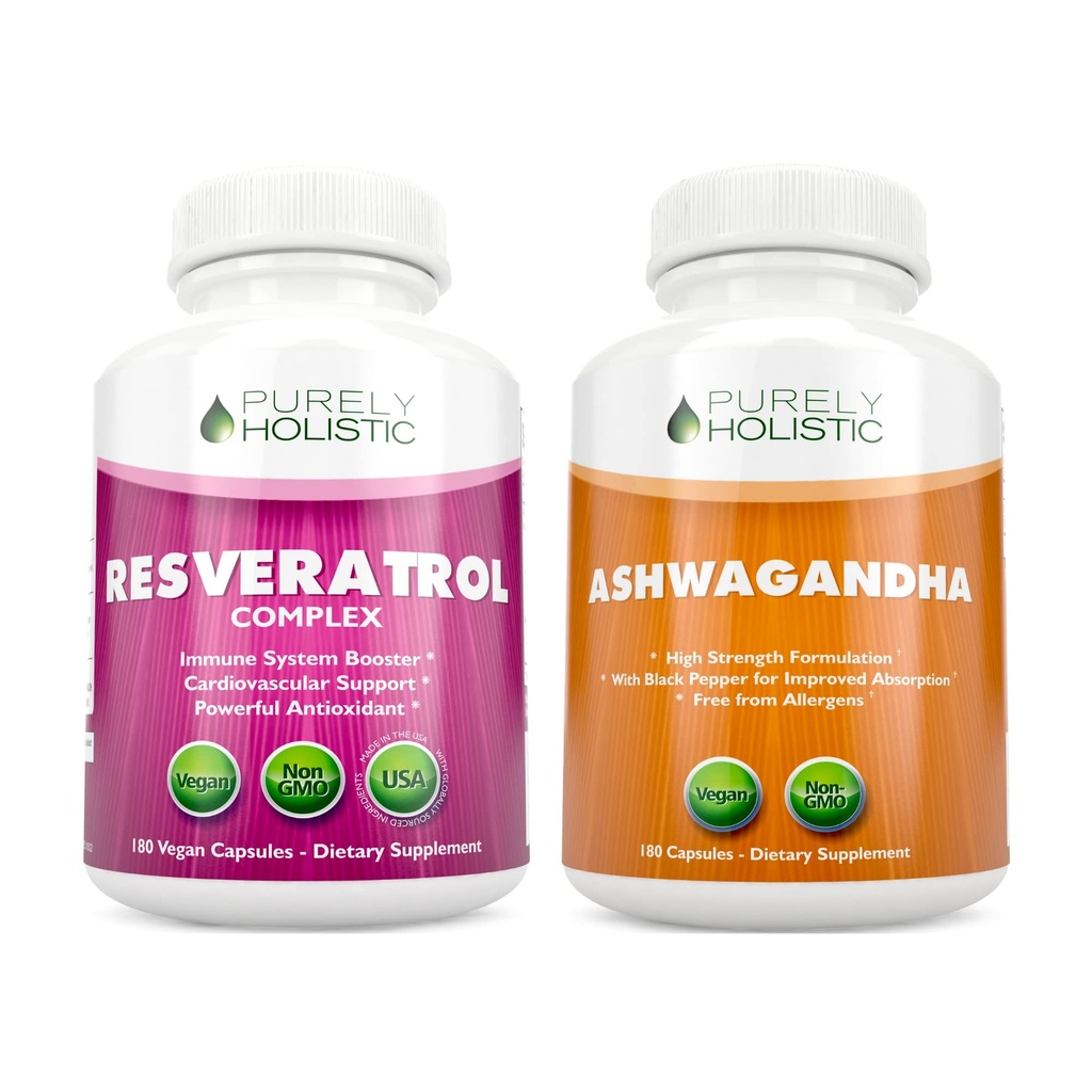 Resvératrol purement holistique 1450mg + Ashwagandha biologique 1300mg et poivre noir - Bundle végétalien - 180 + 180 Capsules - emballé avec des antioxydants potent - Fabriqué aux États-Unis
