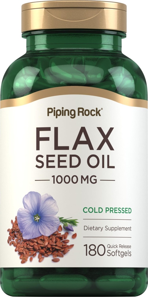 Piping Rock Flaxseed Oil 1000mg Softgel Capsule | 180 Count | Cold Pressed Supplement | Non OGM, Gluten Free