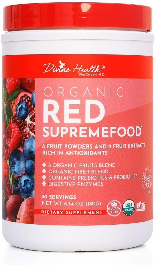 Divine Health Organic Red Supremefood® | 10 Frutti organici + Probiotici, Enzimi, Erbe, Fibra e Antiossidanti | Miscela aromatizzata non OGM (180g) (30 giorni)