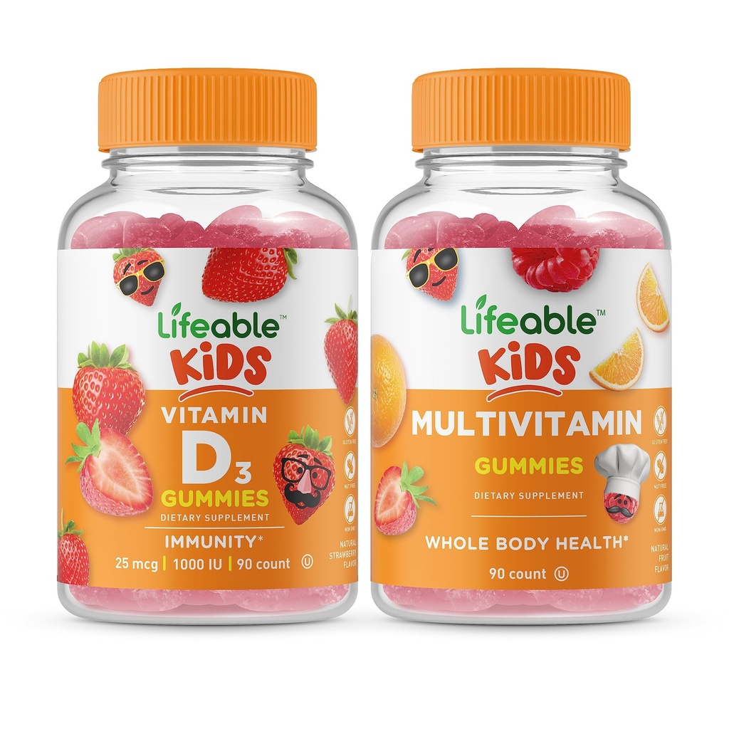 Lebensfähiges Vitamin D Kinder + Multivitamin Kinder, Gummie Bundle - Große Verkostung, Vitamin-Ergänzung, Glutenfrei, GVOfrei, Kaugummi