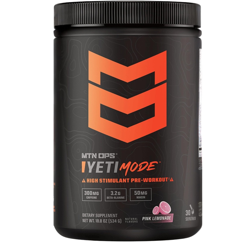 MTN OPS Yeti Mode Pre-Workout Pulver - Explosive High-Stimulant mit 300mg Koffein, Kreatin Monohydrat, Beta-Alanin und 45mg Niacin - Pink Lemonade Flavor in 30 Servierwanne