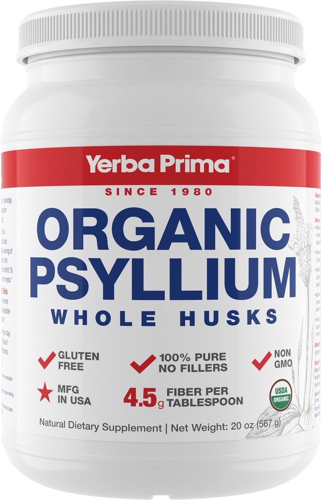 Yerba Prima Organic Psyllium Whole Husks Colon Cleanser - 20 oz - Natürliche tägliche Nahrungsfaserergänzung 20oz, Colon Cleanser, Regularity & Detox Cleansing Support, Glutenfrei, Non GMO, Vegan