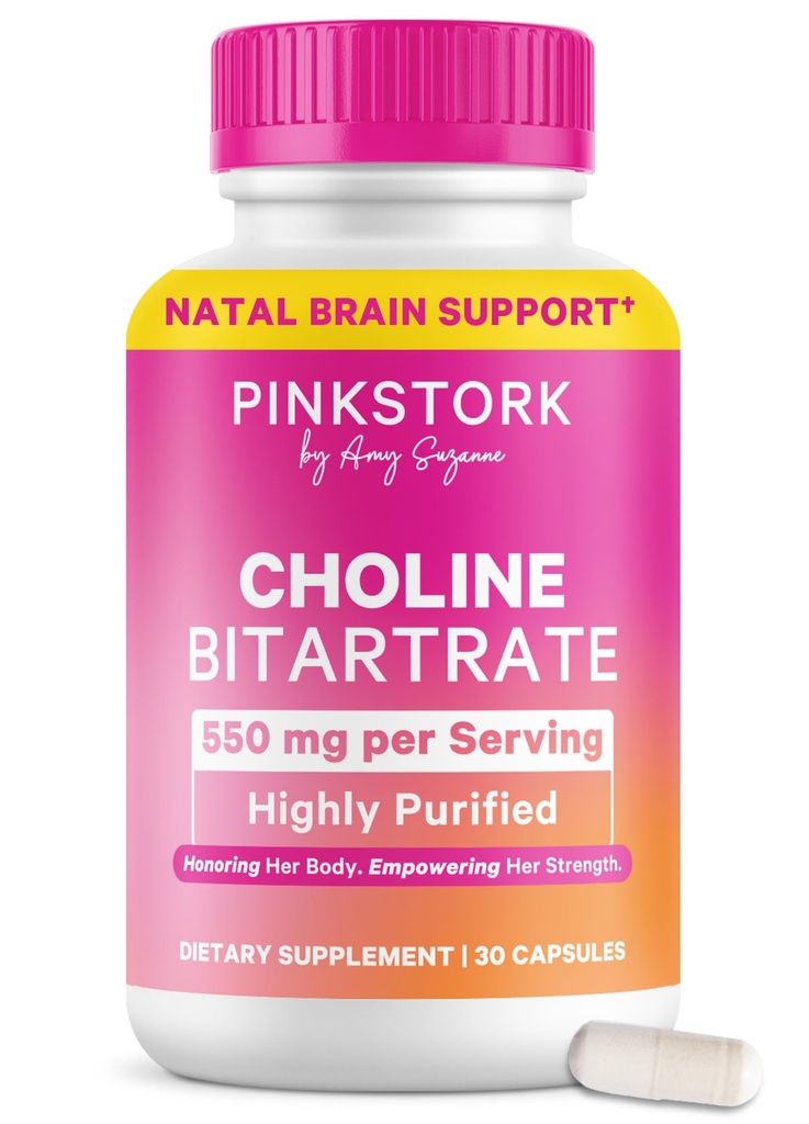 Coline rosa di cicogna - 550 mg Bitartrato di colina da VitaCholine per mamme incinte + postpartum - Vitamina prenatale per la salute cognitiva fetale + Qualità del latte materno - 1 capsula giornaliera, 30 conte