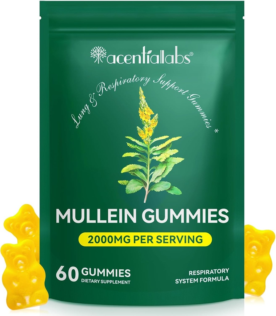 Gummie di Mullein per la pulizia polmonare, Mulleina naturale per il supporto di pulizia polmonare, Cleanse polmonare per fumatori, Integratori di erbe di Mullein con clorofilla (60 Chews)