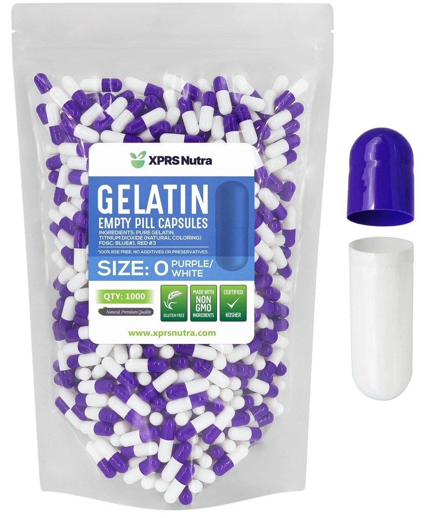 XPRS Nutra Größe 0 Leere Kapseln - 1000 Graf Leere Gelatine Kapseln - Pillen DIY Kapsel Füllung - Pure Bovine Pill Gel Kapseln für Do-It-Yourself Ergänzungen (Purple/White)
