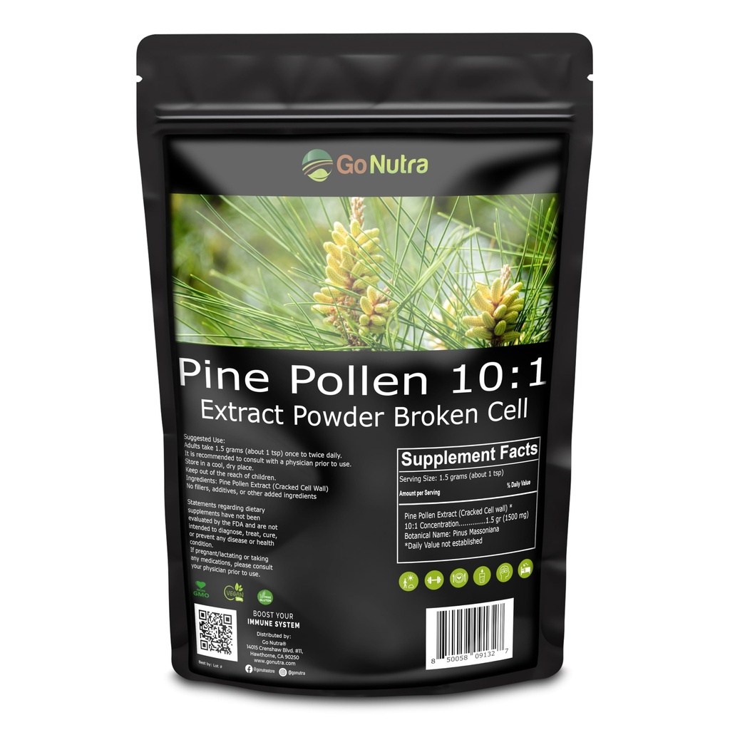 Go Nutra Pine Pollen Pulver | Wild Harvested & Broken Cell Wall | Pure 10:1 Pine Pollen Extract, Antioxidant-Rich & Androgenic | Unterstützt Gesundheit, Energie | Vegan, Non-GMO, Gluten Free | 6 Unnce
